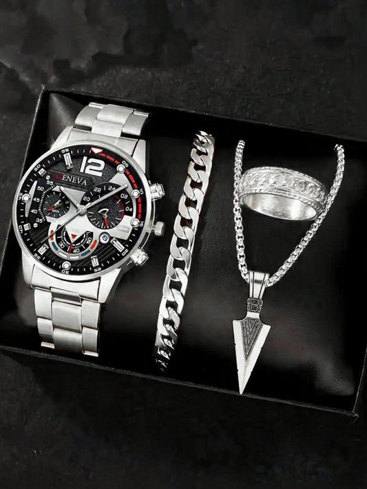 4-in-1 Silver Luxury Watch Gift Box