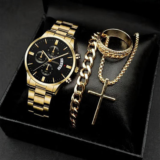 Gold Watch, Chain & Ring Gift Box